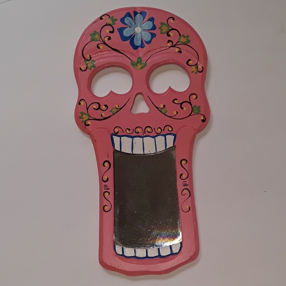 Sugar Skull Dia de los Muertos Day of the Dead Wall Mirror Plaque - Pink - Picture 3 of 4